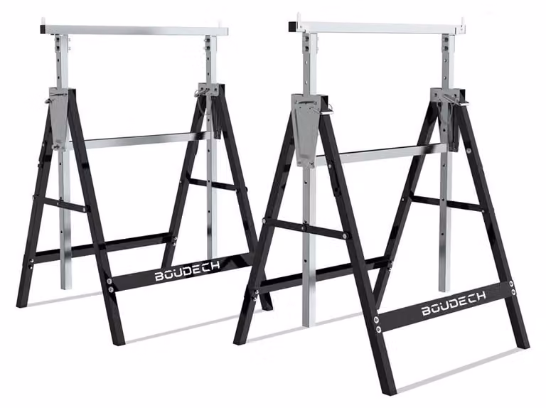 Set di 2 cavalletti telescopici 300kg pieghevoli ideali come trabattello pontile, banco da lavoro e supporto taglia travi.