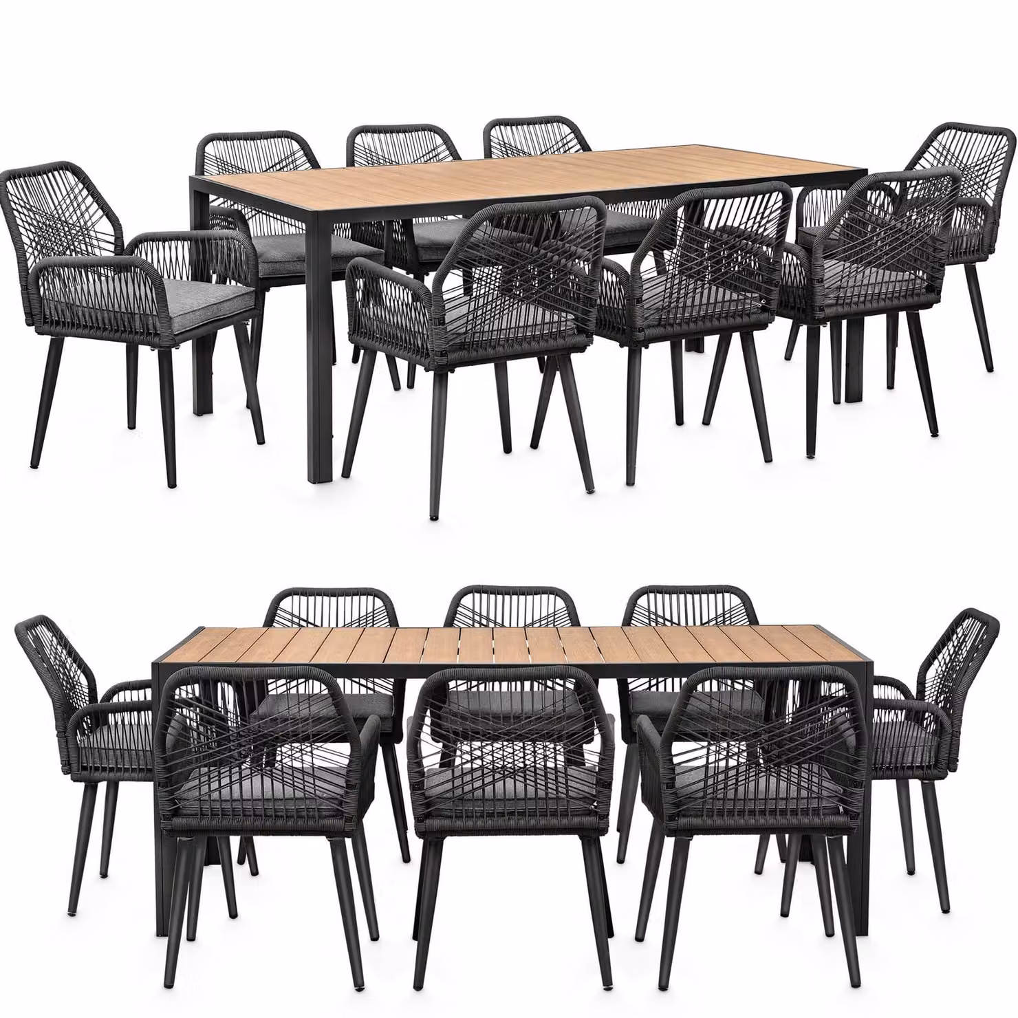Gruppo da giardino con tavolo e 8 sedie - resistente alle intemperie - rete in corda - tavolo da pranzo in WPC - cuscini di seduta - gruppo da pranzo per esterni - antracite/grigio