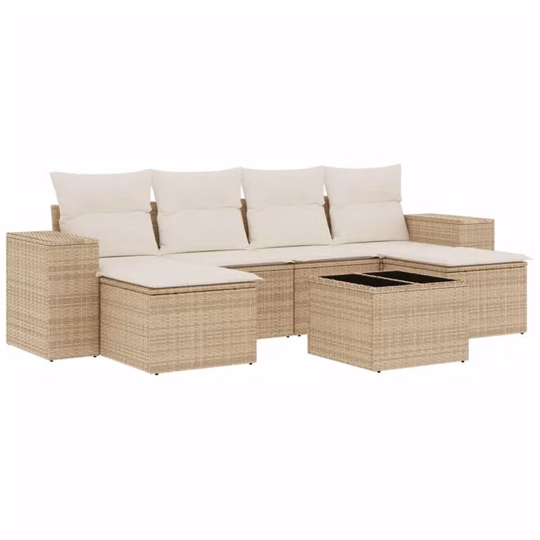 Set Divani da Giardino 7 pz con Cuscini Beige in Polyrattan