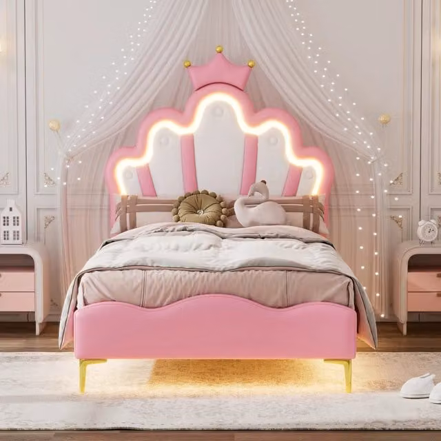 Letto principessa 90 x 200 cm a forma di corona in PU, imbottitura morbida, striscia LED regolabile - Rosa