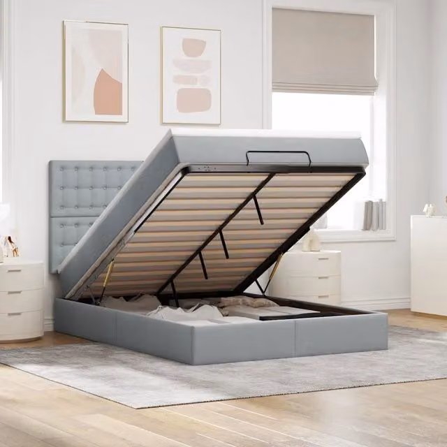 Letto con contenitore a sollevamento vidaXL in tessuto grigio e bianco con materasso 140 x 200 cm