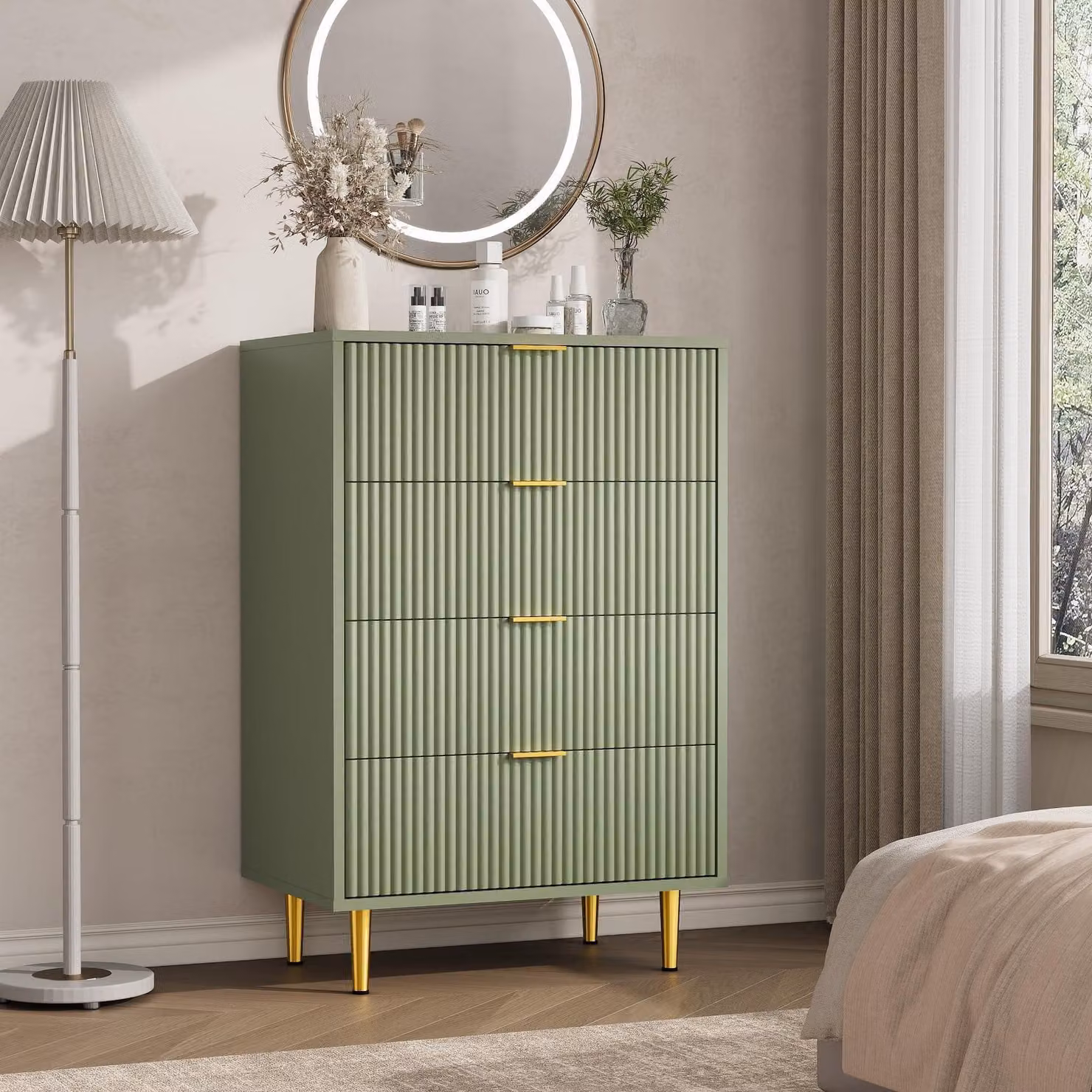 Comodino con frontale scanalato, 4 cassetti, ideale per la camera da letto o il soggiorno, colore verde avocado