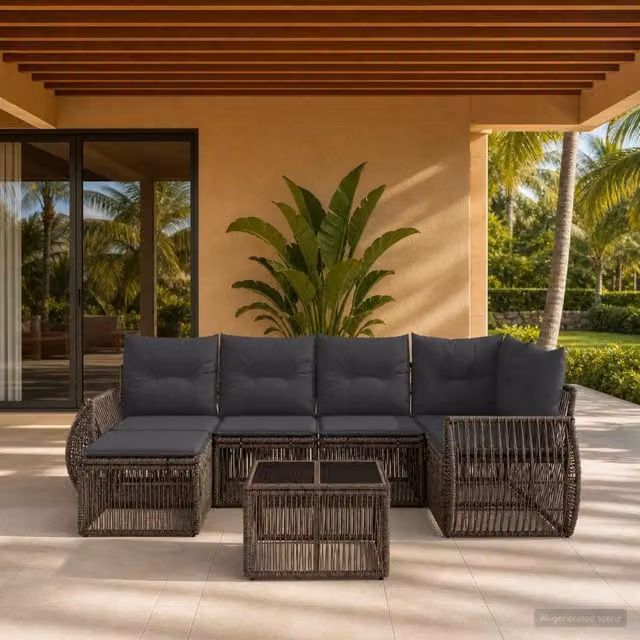 Set Divano da Giardino 7 Pezzi vidaXL in Polyrattan Grigio e Antracite con Cuscini e Tavolino – 1