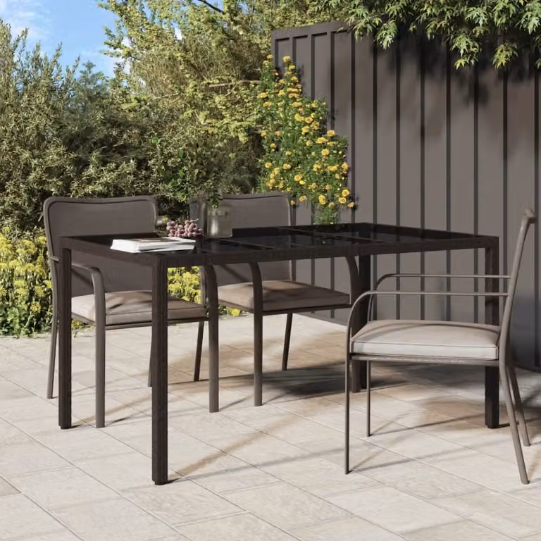 The Living Store Tavolo da giardino 150x90x75 cm Vetro temperato Poly Rattan Brown
