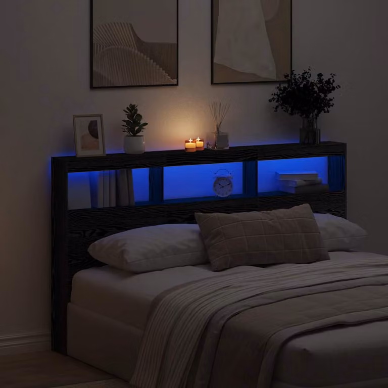 Testiera con Contenitore vidaXL in Rovere Nero con Illuminazione LED e Porte USB, L 180 x P 17 x H 102 cm