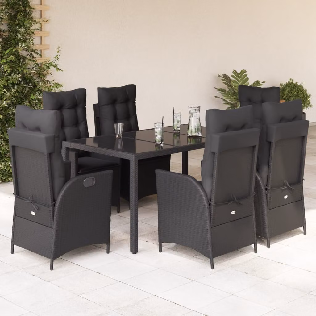 Set da Pranzo da Giardino vidaXL 7 pz in Polyrattan Nero con Piano in Vetro e Cuscini