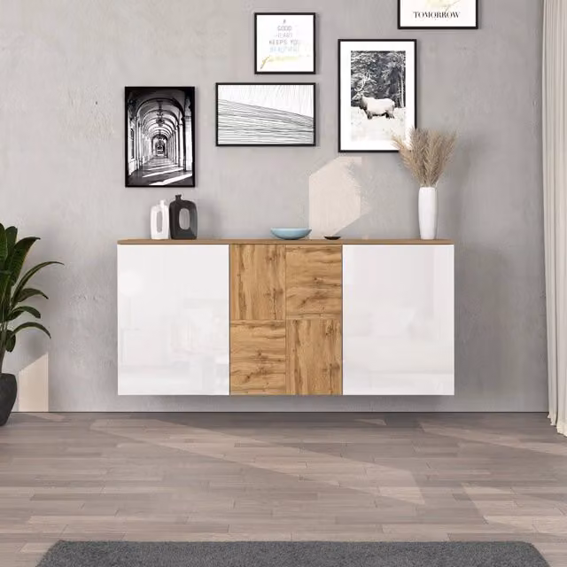 WHOUS Credenza sospesa Iseo con 3 ante e 6 scomparti interni bianco lucido e rovere 150x35x70 cm