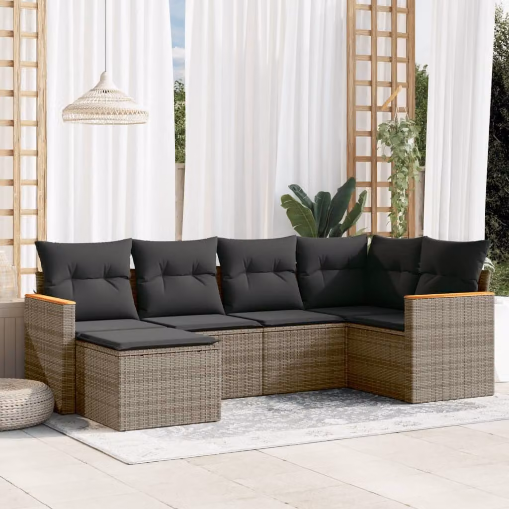 vidaXL Set Divano da Giardino 6 pz in Polyrattan Grigio con Cuscini e Ottoman a Forma di L – 1