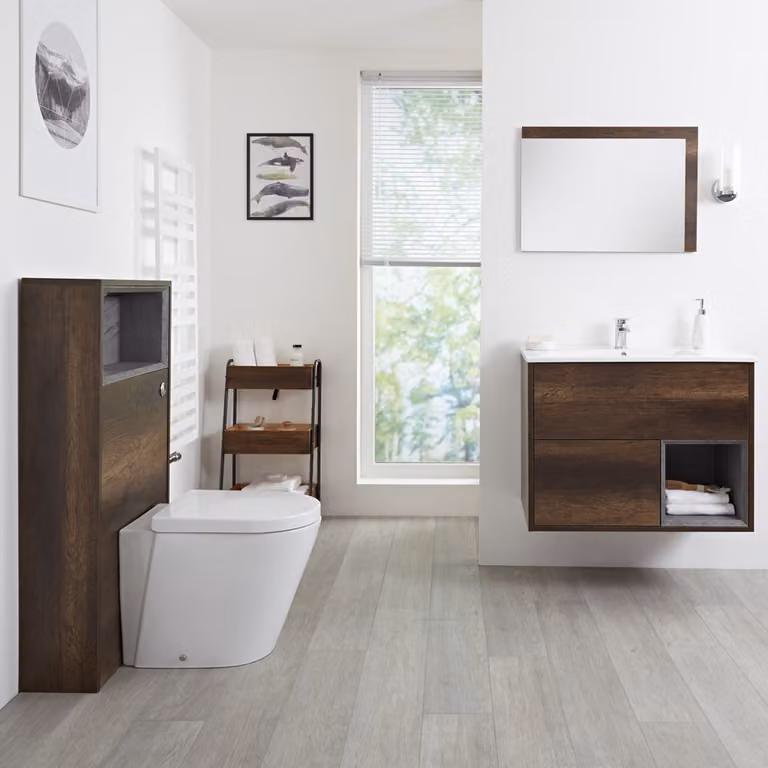 Mobile Bagno Sospeso da 800mm in Rovere Scuro con Lavabo Integrato, Mobile WC e Sanitario - Senza LED - Hoxton