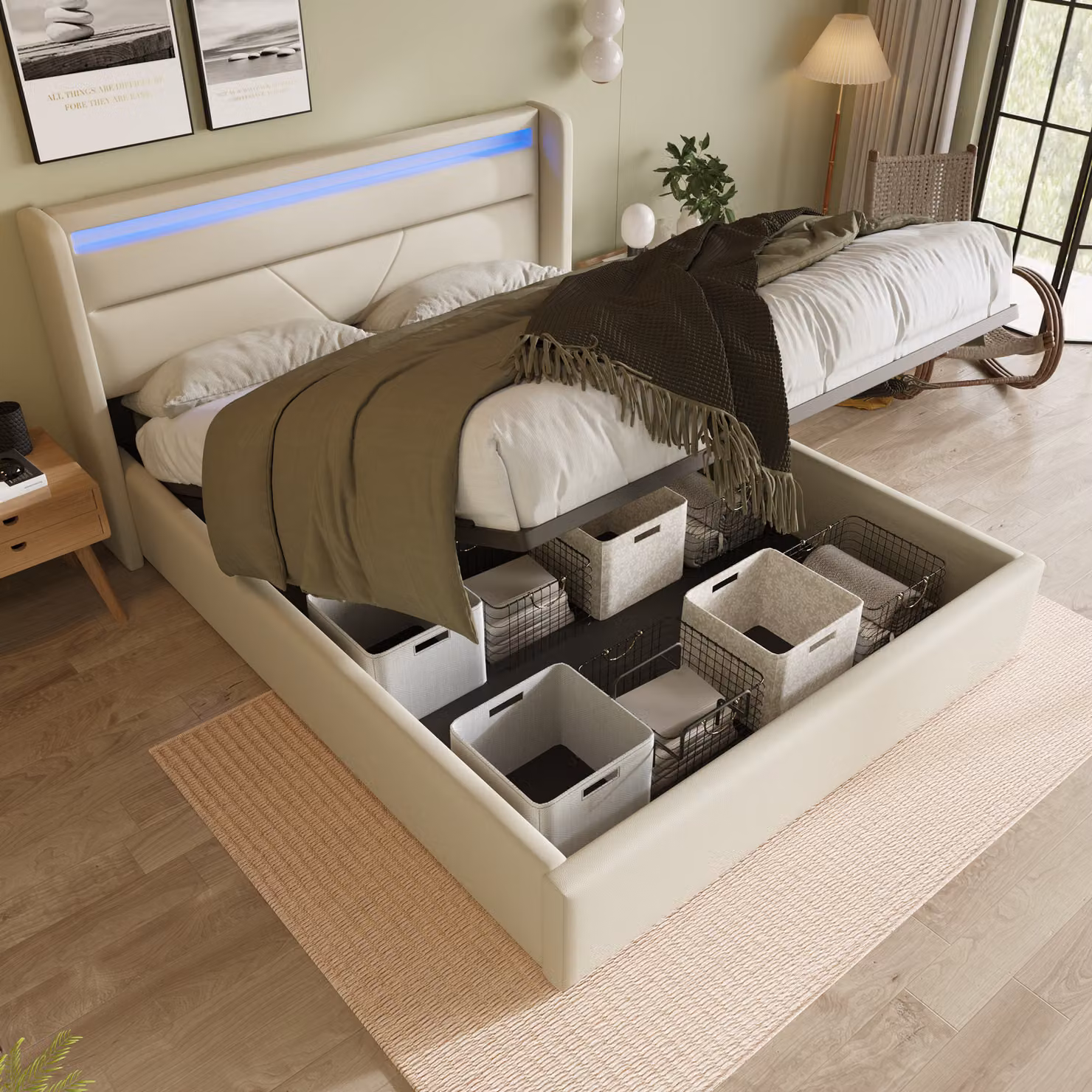 Letto a molle Sweiko Letto imbottito Letto matrimoniale 160x200cm con illuminazione LED Letto contenitore Bianco (senza materasso)
