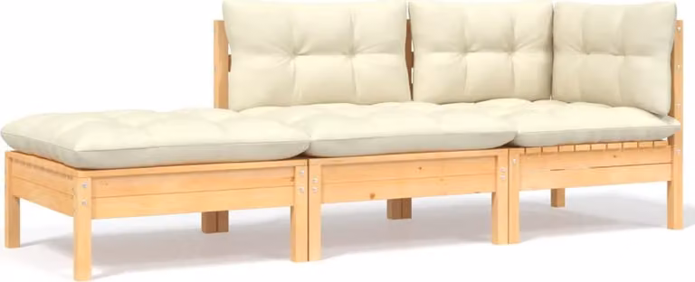 Set da lounge per giardino, composto da 3 elementi, con cuscini color crema, realizzato in legno massello di pino