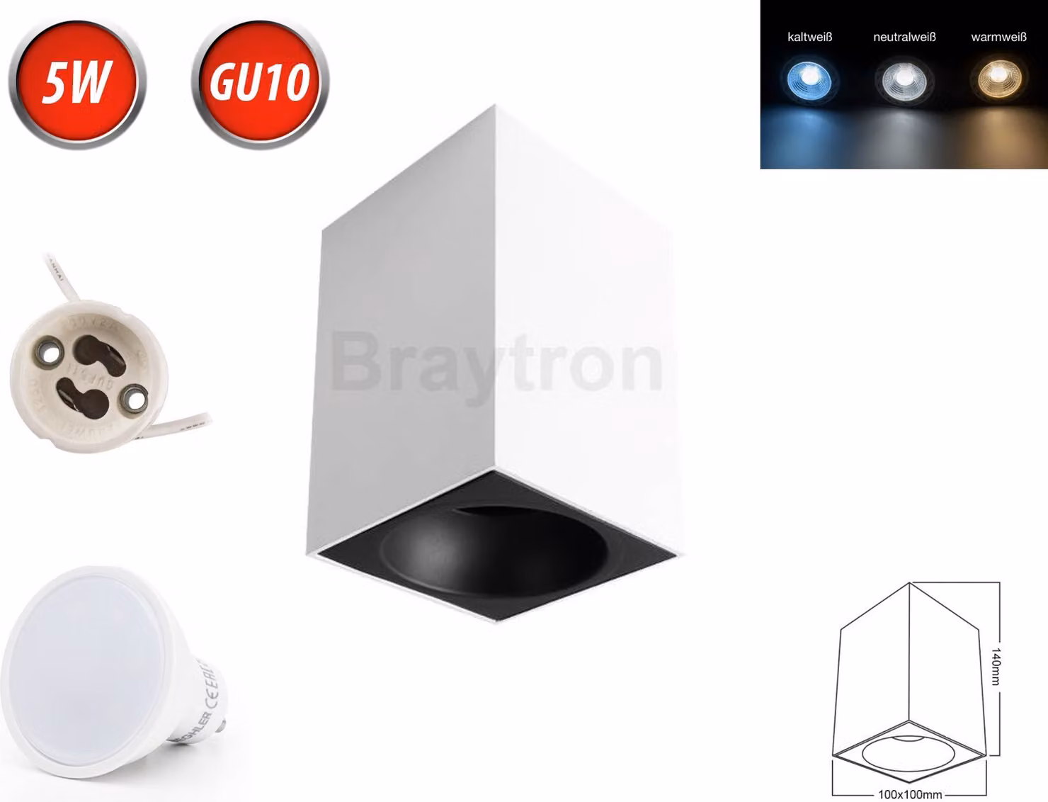 Plafoniera BETA-SS Faretto a superficie Lampada Ø100mm Faretto a superficie con lampadina GU10 5W LED bianco freddo Angolare Bianco/Nero