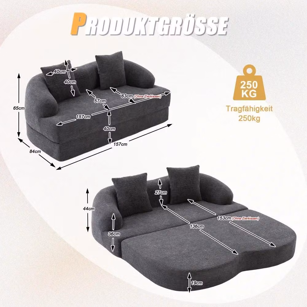 Divano letto 2 in 1 in microfibra - Divano trasformabile con due posti - Versatile - Con 2 cuscini - Salvaspazio - Grigio scuro