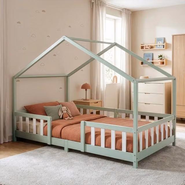 Letto per Cameretta Treviolo a Forma di Casetta in Stile Montessori 120x200 cm Menta Verde/Bianco [en.casa]