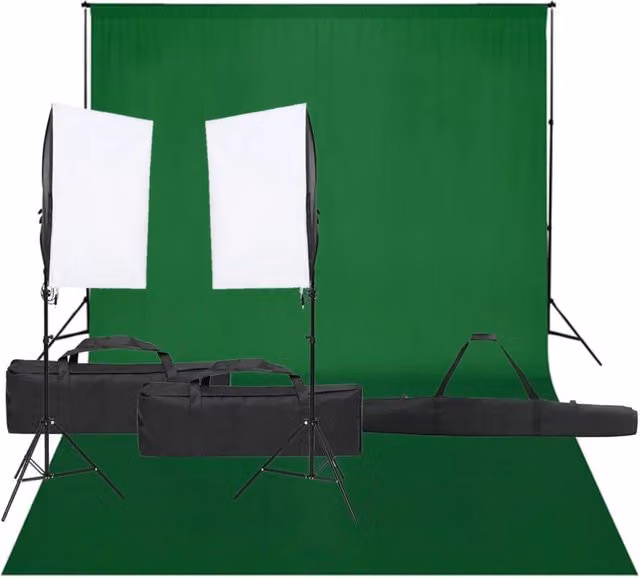 Kit per studio fotografico professionale con illuminazione LED e fondali in tessuto nero, bianco e verde