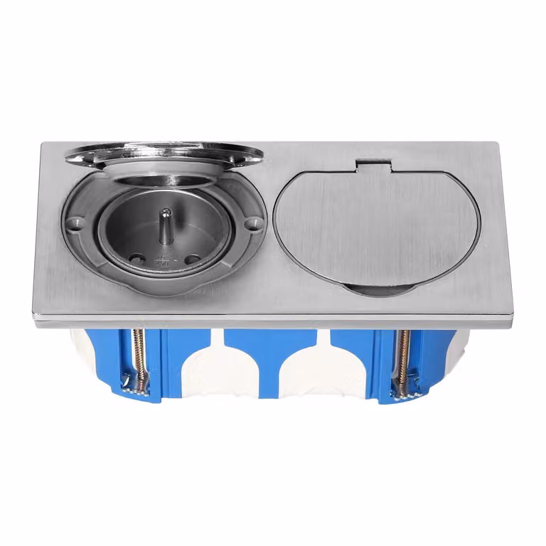 Presa doppia da incasso in acciaio inox I Presa a pavimento IP55 con coperchio a cerniera I Tipo E francese