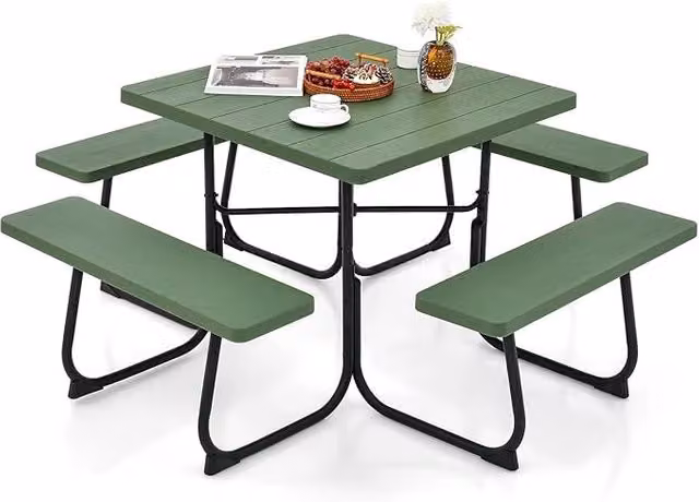 Set Tavolo da Picnic Quadrato con Panche per 8 Persone, Tavolo da Picnic con 4 Panche e Foro per Ombrellone, con Telaio in Metallo, Ogni Panca Portata 225 kg, per Giardino, Cortile (Verde)
