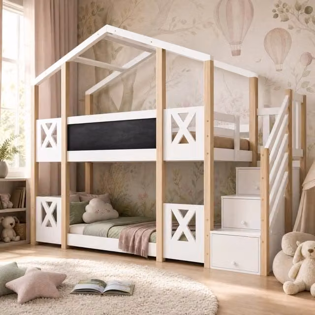 Letto a soppalco singolo MIVRAY in legno bianco con scala contenitore, protezione anticaduta e lavagna frontale, L/P/H: 200 x 90 x 256 cm