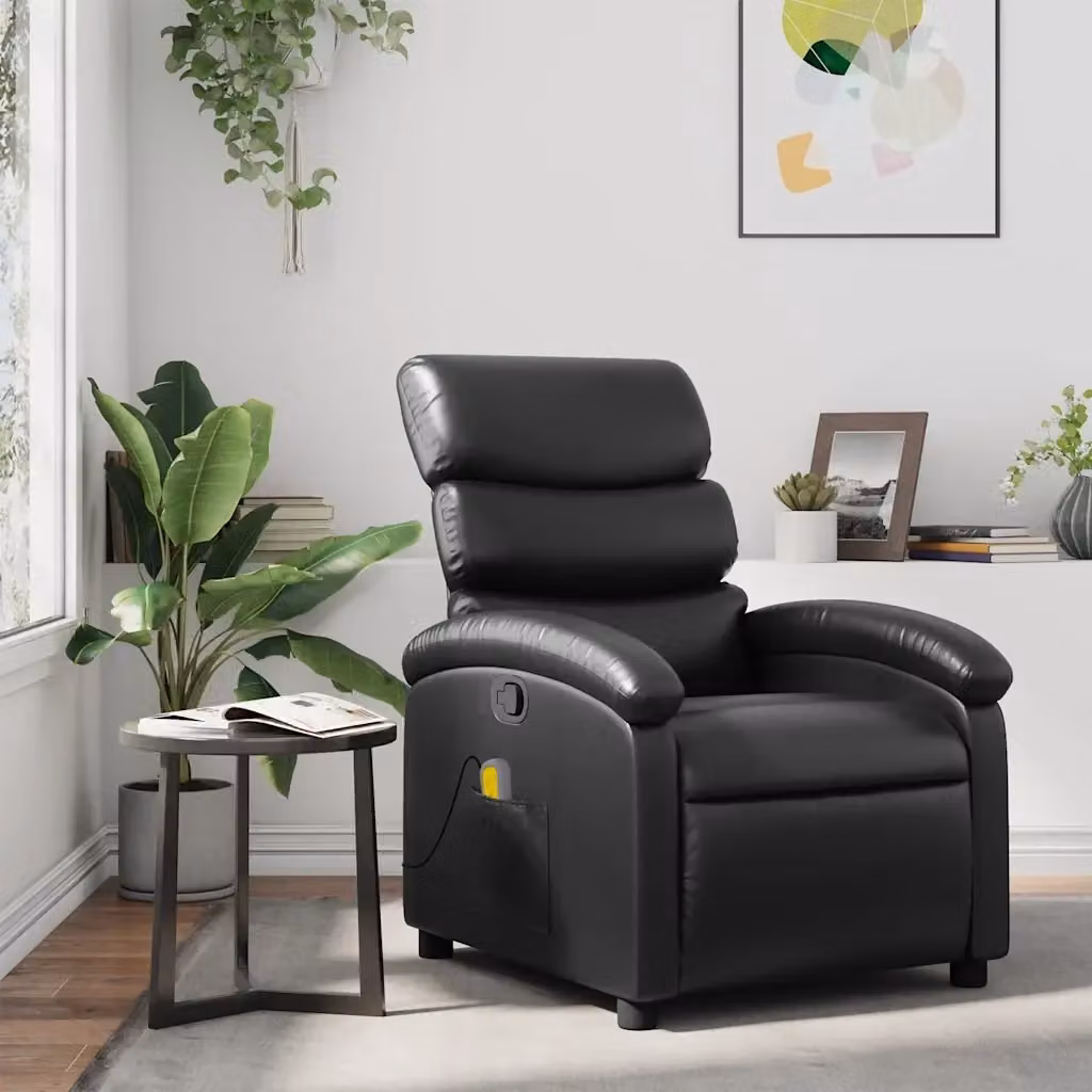Poltrona Relax Reclinabile Moderna in Similpelle Nera con Braccioli e Struttura in Metallo e Legno – 2