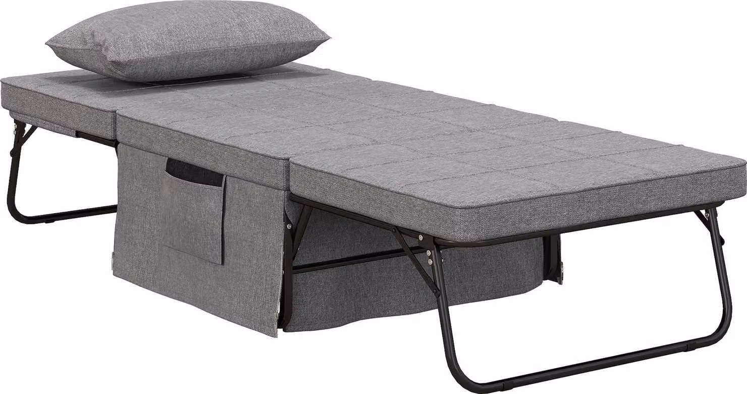 Moonbite, letto pieghevole 4-in-1, 188 x 75 cm, utilizzabile come letto per ospiti, poltrona, pouf e divano, materasso da 8 cm, schienale regolabile in 5 posizioni, tasche laterali, struttura in acciaio, colore grigio