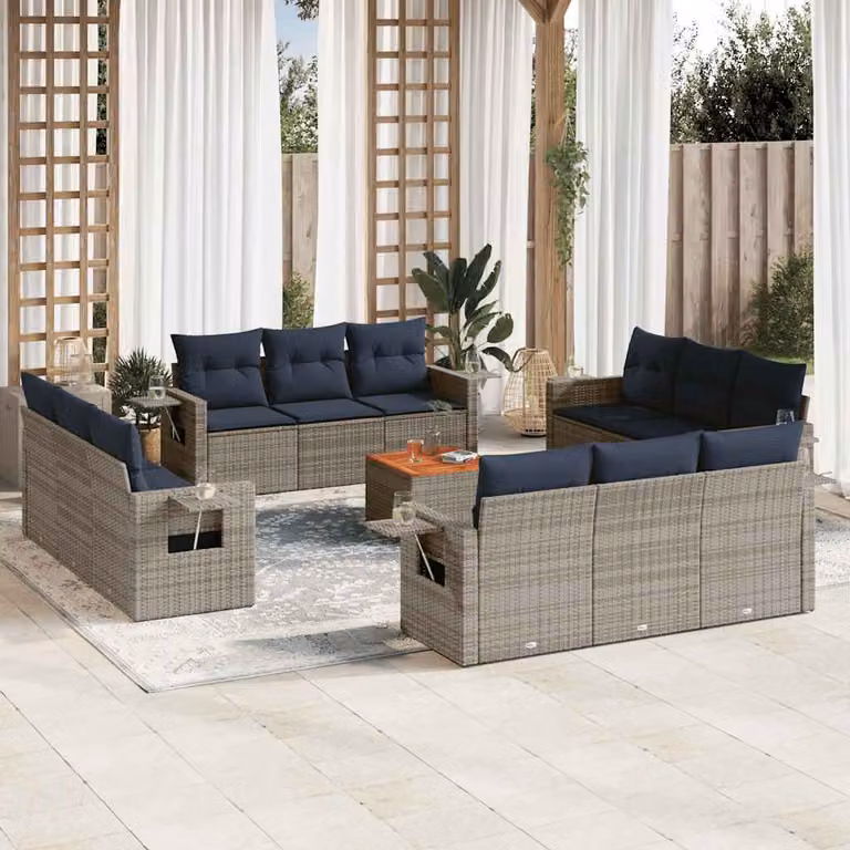 Set di divani da giardino vidaXL in polyrattan grigio con cuscini, tavolino e sedute componibili a forma di U per esterno