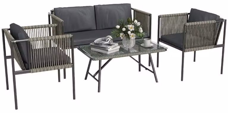 Set di mobili da giardino composto da 4 pezzi: 1 divano, 2 poltrone, 1 tavolo con piano in vetro, cuscini, struttura in acciaio, rattan sintetico, grigio