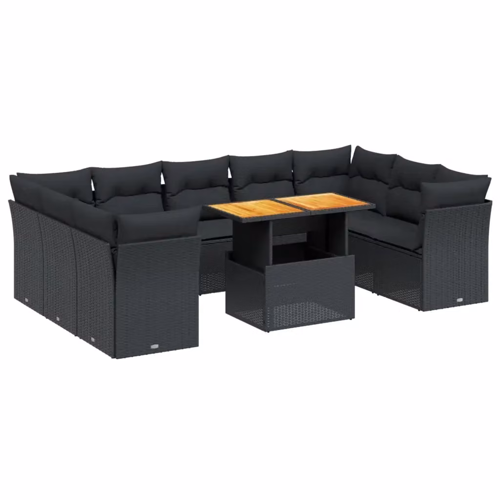 Set di divani da giardino vidaXL in polyrattan nero con cuscini e tavolino da esterno a forma di L – 2