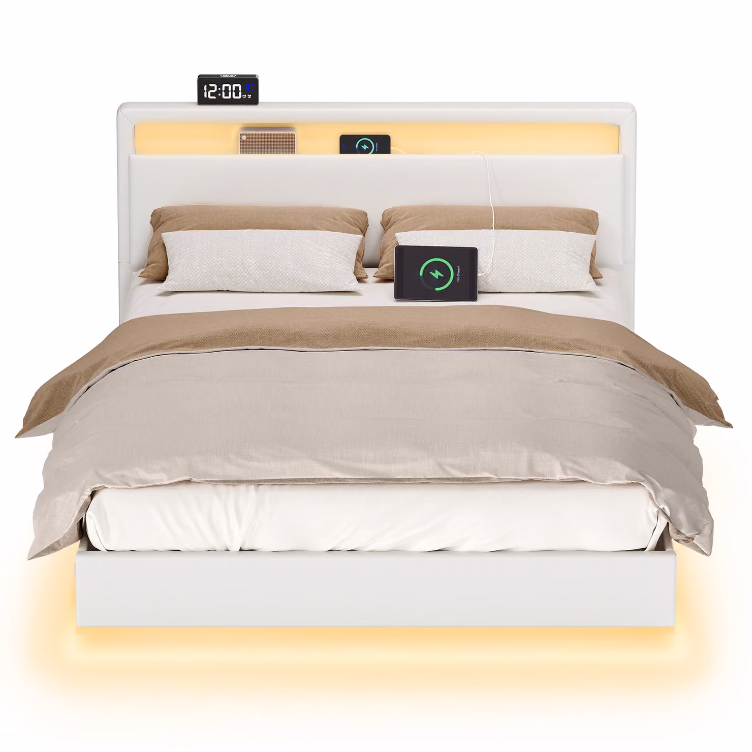 VASAGLE Struttura letto, letto matrimoniale, 140 x 200 cm, effetto sospeso, letto con illuminazione a LED, testiera alta, stazione di ricarica, moderno