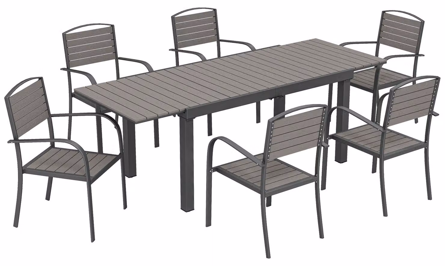 Set da giardino composto da 7 pezzi, con tavolo allungabile e 6 sedie | Colore: Grigio | Dimensioni: 85x225x75 cm