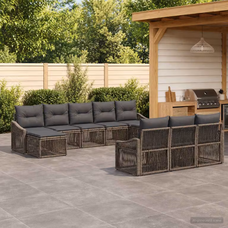 Set Divano da Giardino vidaXL 10 Pezzi a Forma di U in Polyrattan Grigio con Cuscini e Struttura in Acciaio Verniciato a Polvere