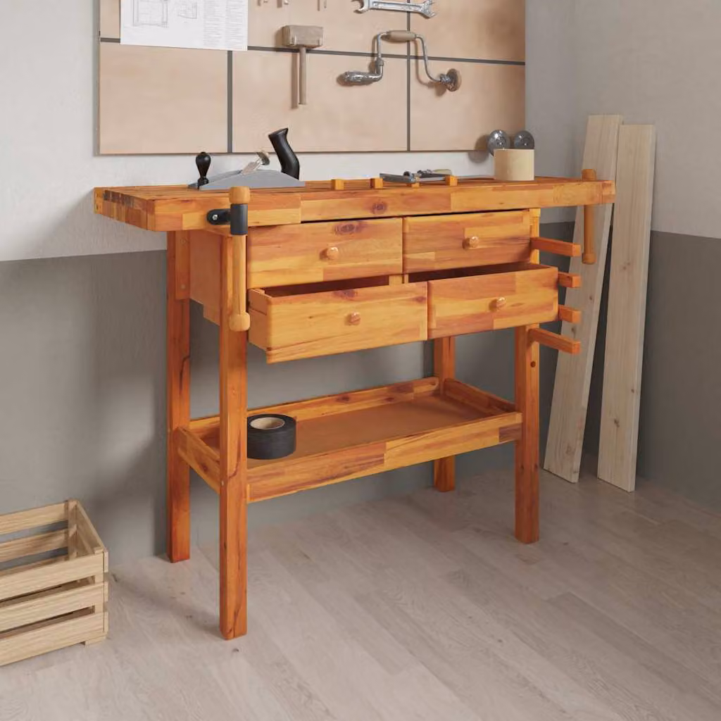 vidaXL Banco da Lavoro in Legno di Acacia con Cassetti e Morsetto, Marrone, L 124 x P 52 x H 83 cm