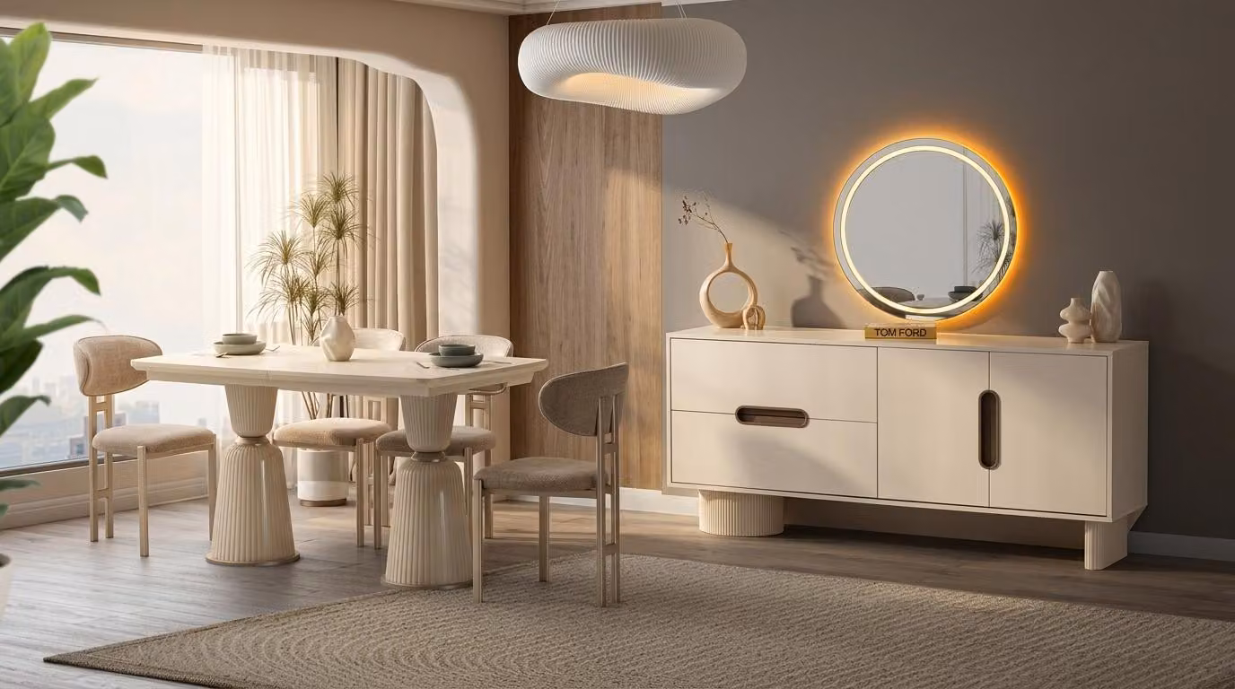 Set per sala da pranzo: tavolo, 4 sedie, credenza, specchio, stile moderno, colore beige