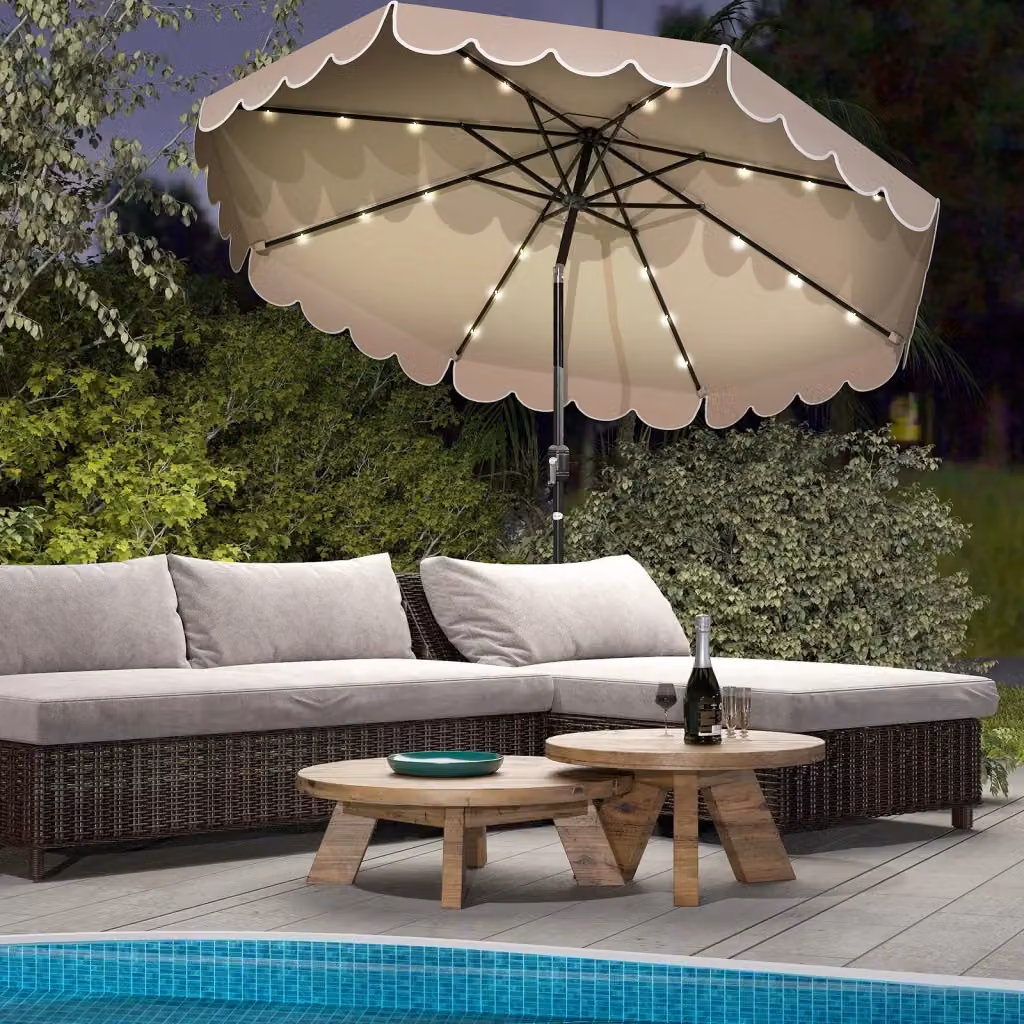 Ombrellone da mercato professionale in poliestere e metallo per giardino e piscina, marrone e beige, H: 253 cm, L: 300 cm, P: 7 cm – 2