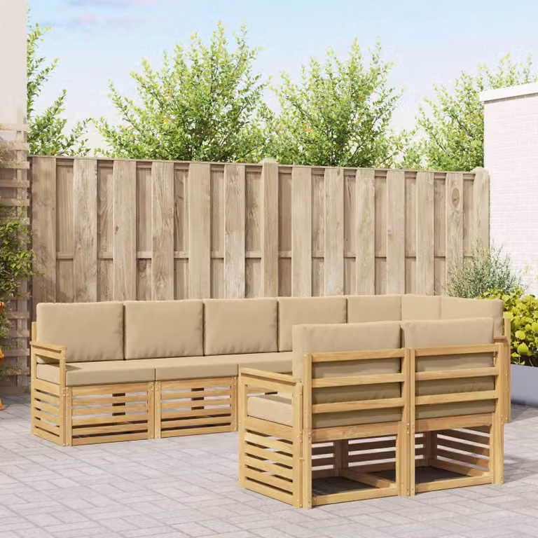 Set di divani da esterno vidaXL a forma di L composto da 8 pezzi in legno di acacia con cuscini bianchi e beige