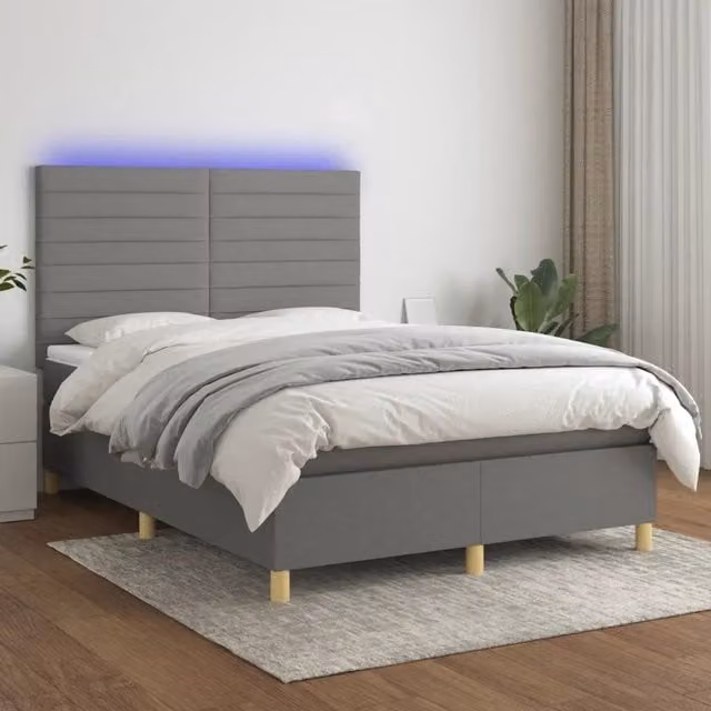 Letto a Molle Materasso e LED Grigio Scuro 140x200cm in Tessuto 3135518