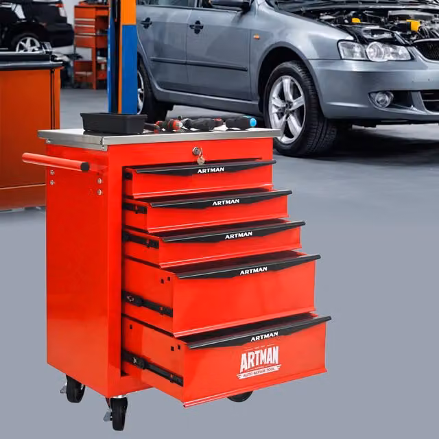 Carrello portautensili OKWISH in acciaio con 5 cassetti, serratura, piano d'appoggio e 4 ruote, rosso nero, L: 78,0 cm, P: 44,2 cm, H: 86,5 cm – 1