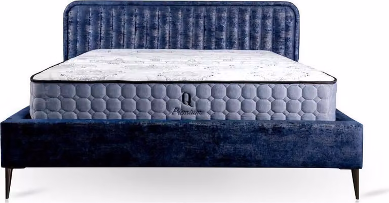 Bett Blau Doppelbett Schlafzimmer Holz Möbel Design Elegantes Polster Stoff
