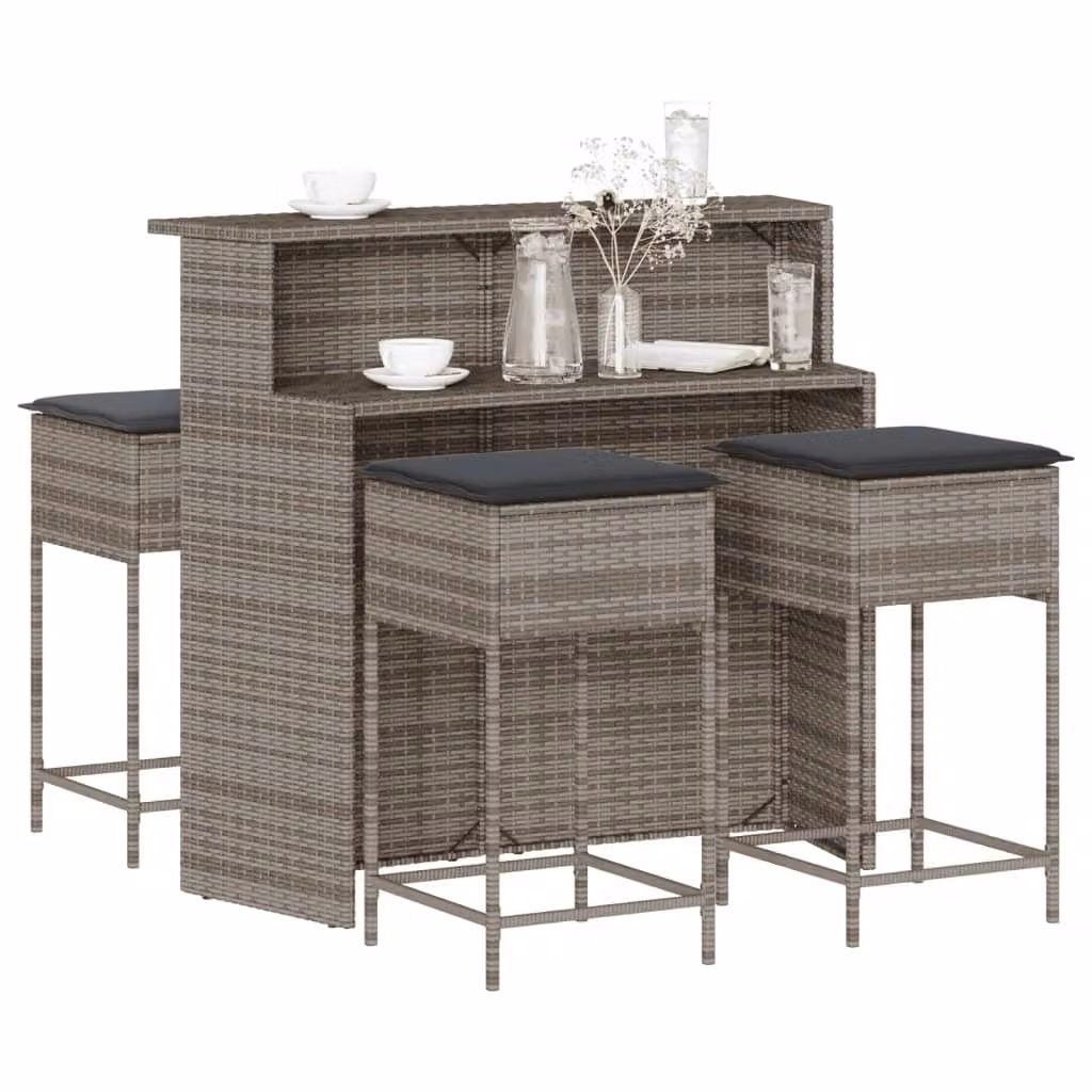 vidaXL Set Bar da Giardino 5 pz in Polyrattan Grigio con Cuscini