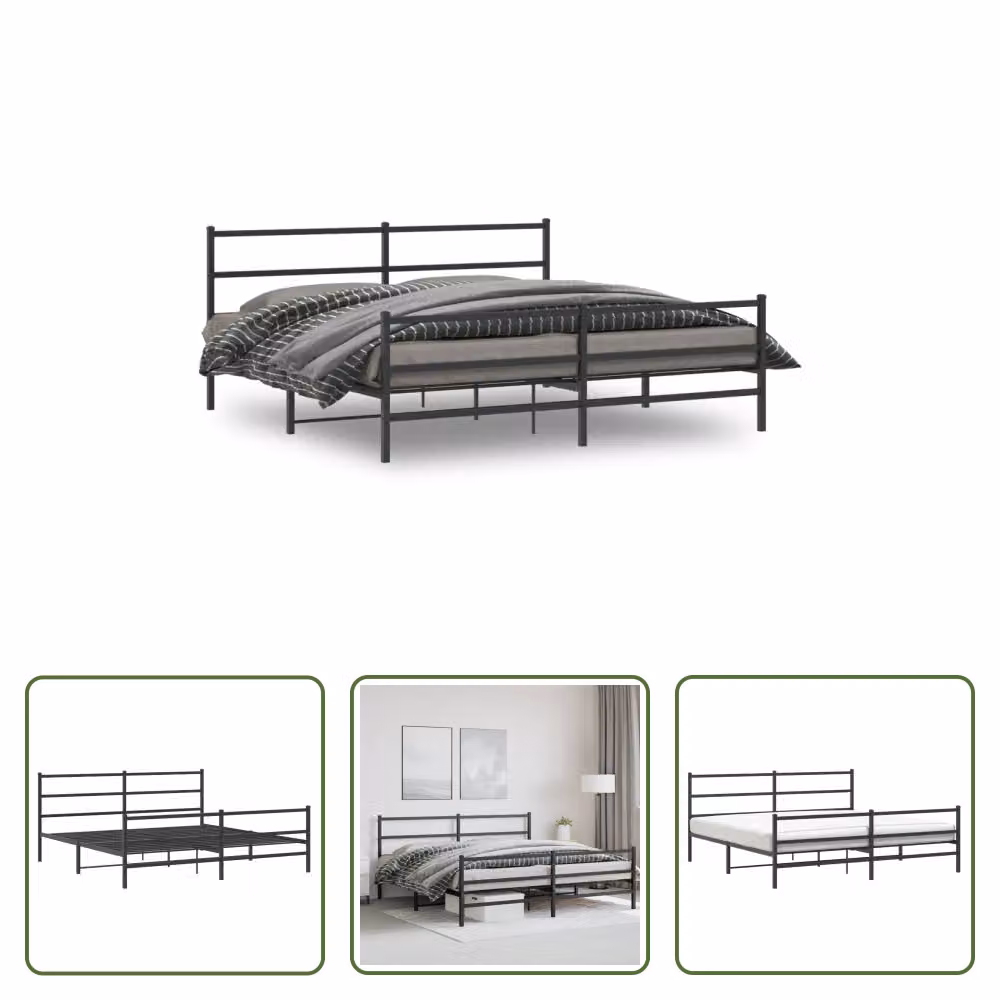 The Living Store Struttura letto con testiera e pediera in metallo nero 180x200 cm