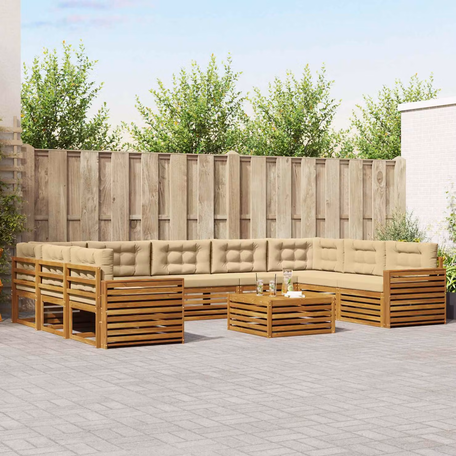Set di divani da esterno vidaXL 10 pezzi in legno di acacia con cuscini, colore beige e naturale, design moderno a forma di L con tavolino da caffè