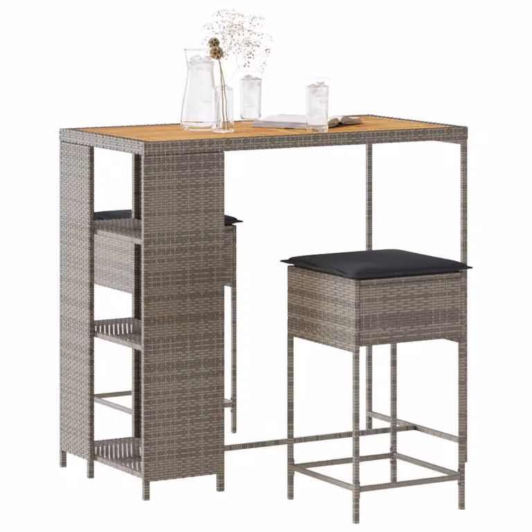 Set Bar da Giardino vidaXL in Polyrattan e Legno di Acacia con Cuscini Grigio Moderno