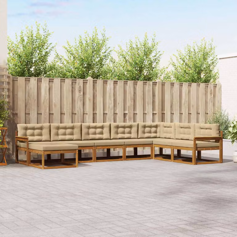 Set di divani da esterno vidaXL a forma di L in legno di acacia con pouf e cuscini, Beige e Marrone