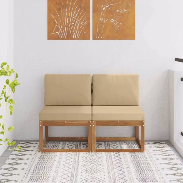Set di 2 divani centrali da esterno vidaXL in legno di acacia massello con cuscini beige