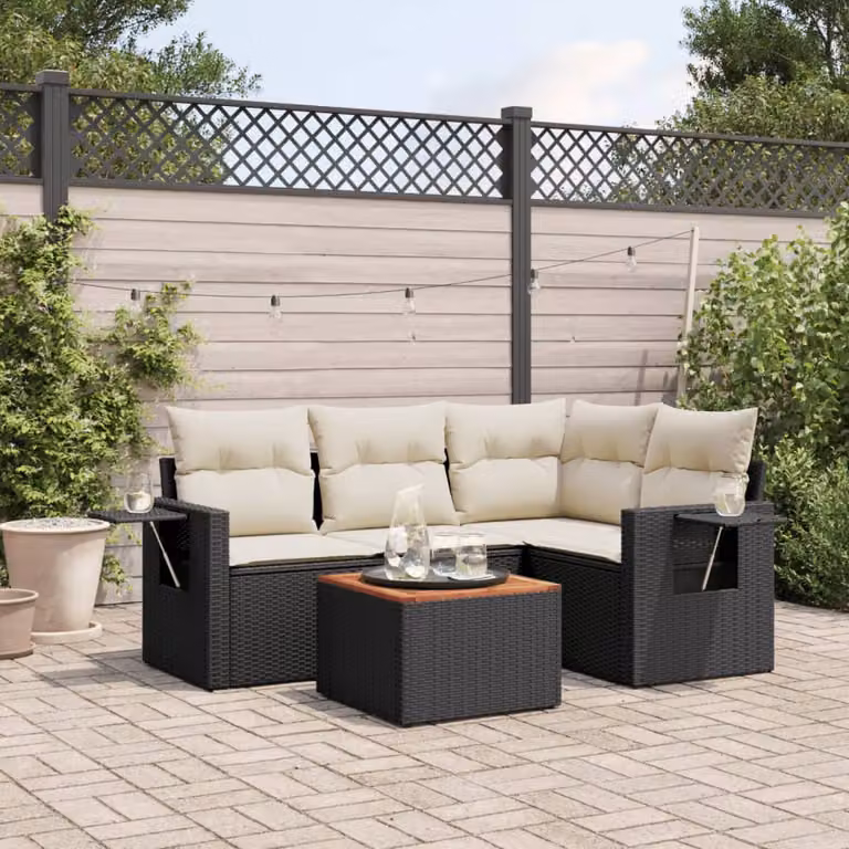 vidaXL Set Divani da Giardino a L 5 pz in Polyrattan Nero con Cuscini e Tavolino