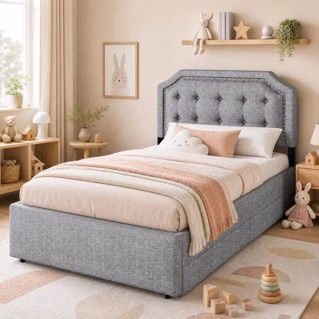Letto imbottito 90 x 200 cm con 2 cassetti e testiera regolabile in lino grigio