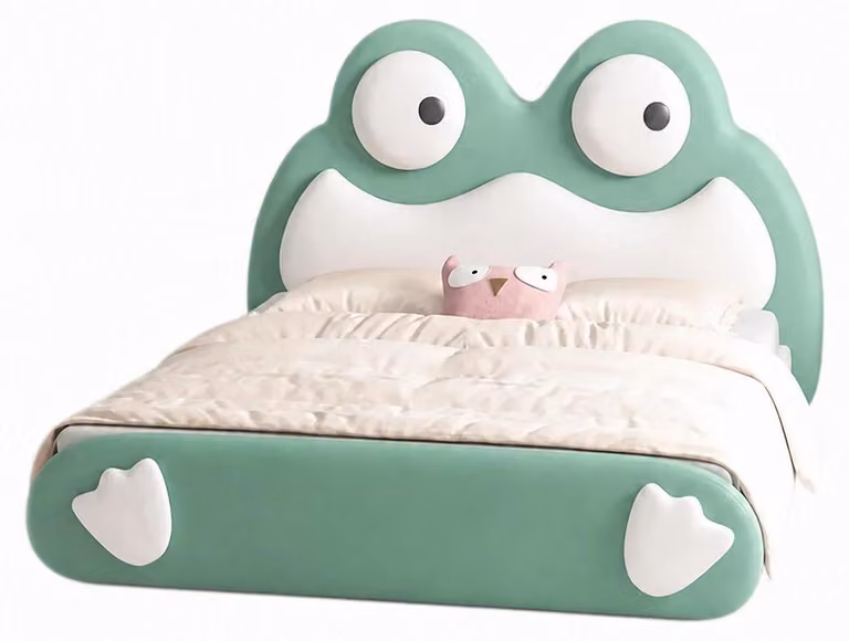 Letto per bambini verde, in pelle, a forma di rana, adatto a bambini di entrambi i sessi. Arredamento per bambini