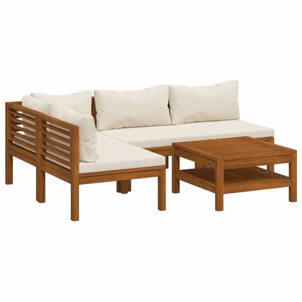 Set Divani da Giardino 5 pz con Cuscini Crema in Legno Acacia