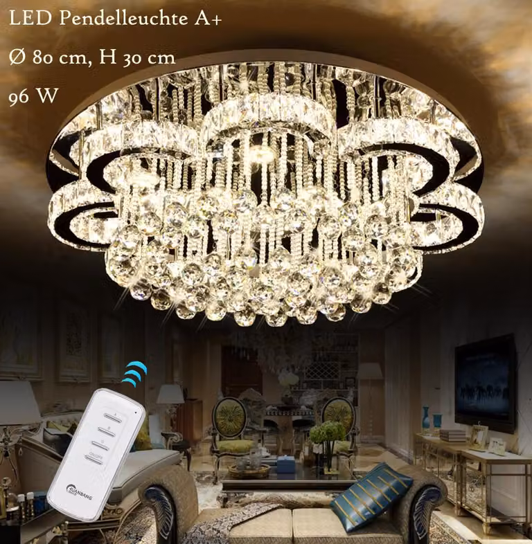 Lampada a sospensione LED 6019-80 con telecomando per la regolazione del colore della luce. Cristallo K9. Classe energetica A+, lampada LED per soggiorno, lampadario, lampada a sospensione, plafoniera, faretti a LED, lampada a soffitto, lampada a sospensi