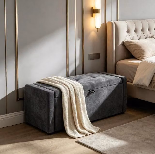 Panca contenitore imbottita MODFU in tessuto grigio con effetto lino, L: 122 cm, P: 48 cm, H: 44 cm – 1