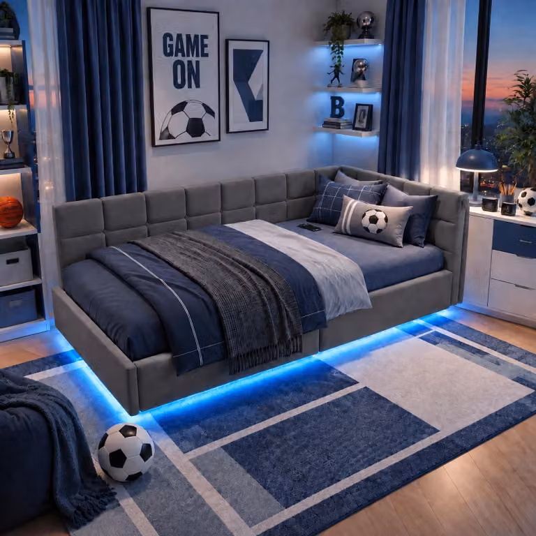 Letto imbottito INONEFT, divano letto 90x200 cm con LED e USB, letto per ragazzi con cassettone a sollevamento idraulico, letto singolo, rivestito in tessuto morbido, senza materasso, colore grigio